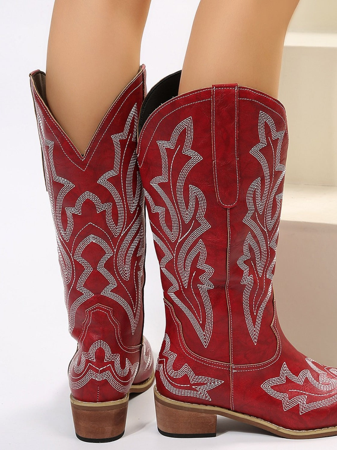 Stacey B's PU Leather Embroidered Geometric Point Toe Boots