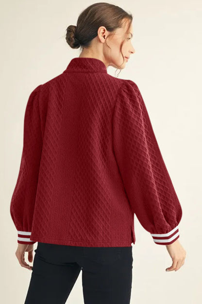 Stacey B's Racing Red Rhombus Textured Striped Patchwork Zip Neck Pullover Sweatshirt