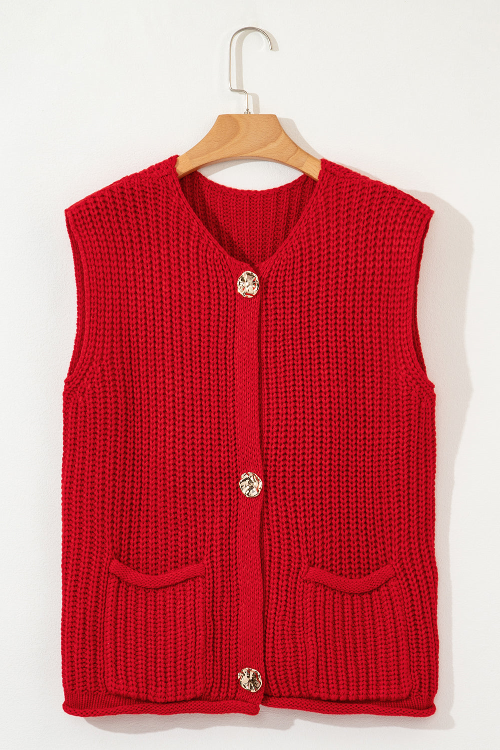 Stacey B's Fiery Red Solid Textured Knit Side Pockets Buttoned Sweater Vest