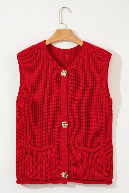 Stacey B's Fiery Red Solid Textured Knit Side Pockets Buttoned Sweater Vest