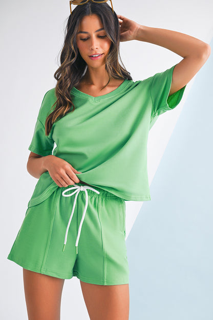 Stacey B's Myosotis V Neck Drop Shoulder Tee and Patchwork Shorts Set