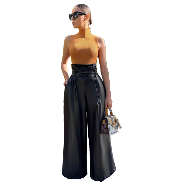 Fashion High-Waisted Long Pants for WomenStyle PU Leather Trousers with Metallic Belt, Wide Leg Pants, INS Trendy Nightclub Look