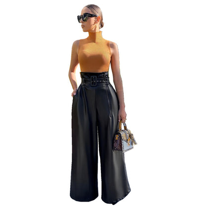Fashion High-Waisted Long Pants for WomenStyle PU Leather Trousers with Metallic Belt, Wide Leg Pants, INS Trendy Nightclub Look