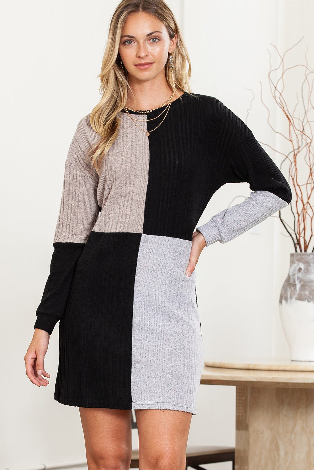 Stacey B's  Ribbed Color Block Drop Shoulder Long Sleeve Mini Dress