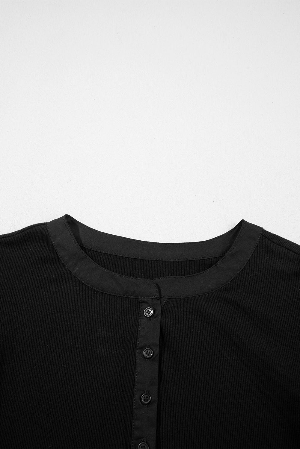 Stacey B's Black Ribbed Patchwork Puff Sleeve Half Button Placket Slim Fit Top