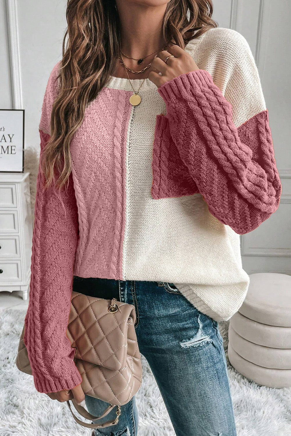 Stacey B's Color Block Round Neck Long Sleeve Sweater