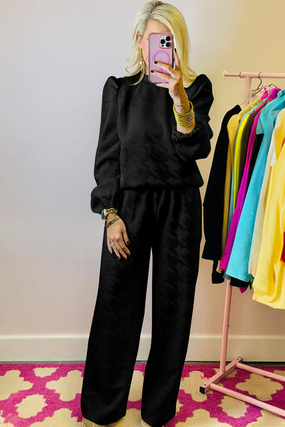 Stacey B's Black Textured Puff Sleeve Top and Pants Set