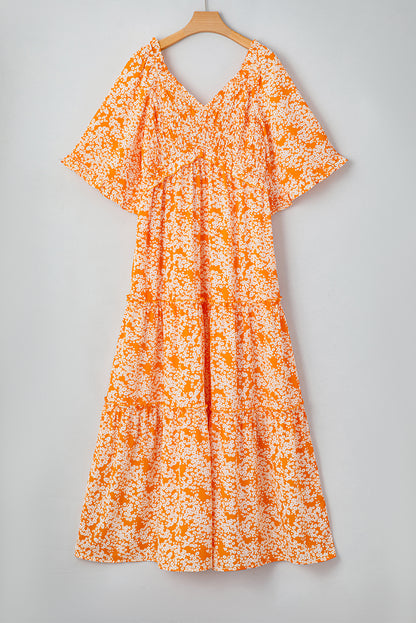 Stacey B's Orange Floral Print Smocked V Neck Wide Sleeve Maxi Dress