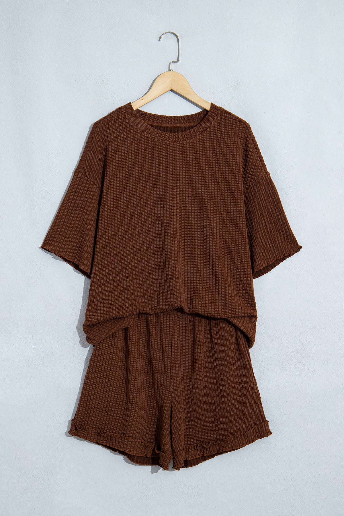 Stacey B's Dark Brown Textured Ribbed Knit Lettuce Trim 2pcs Lounge Set