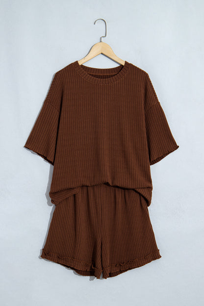 Stacey B's Dark Brown Textured Ribbed Knit Lettuce Trim 2pcs Lounge Set