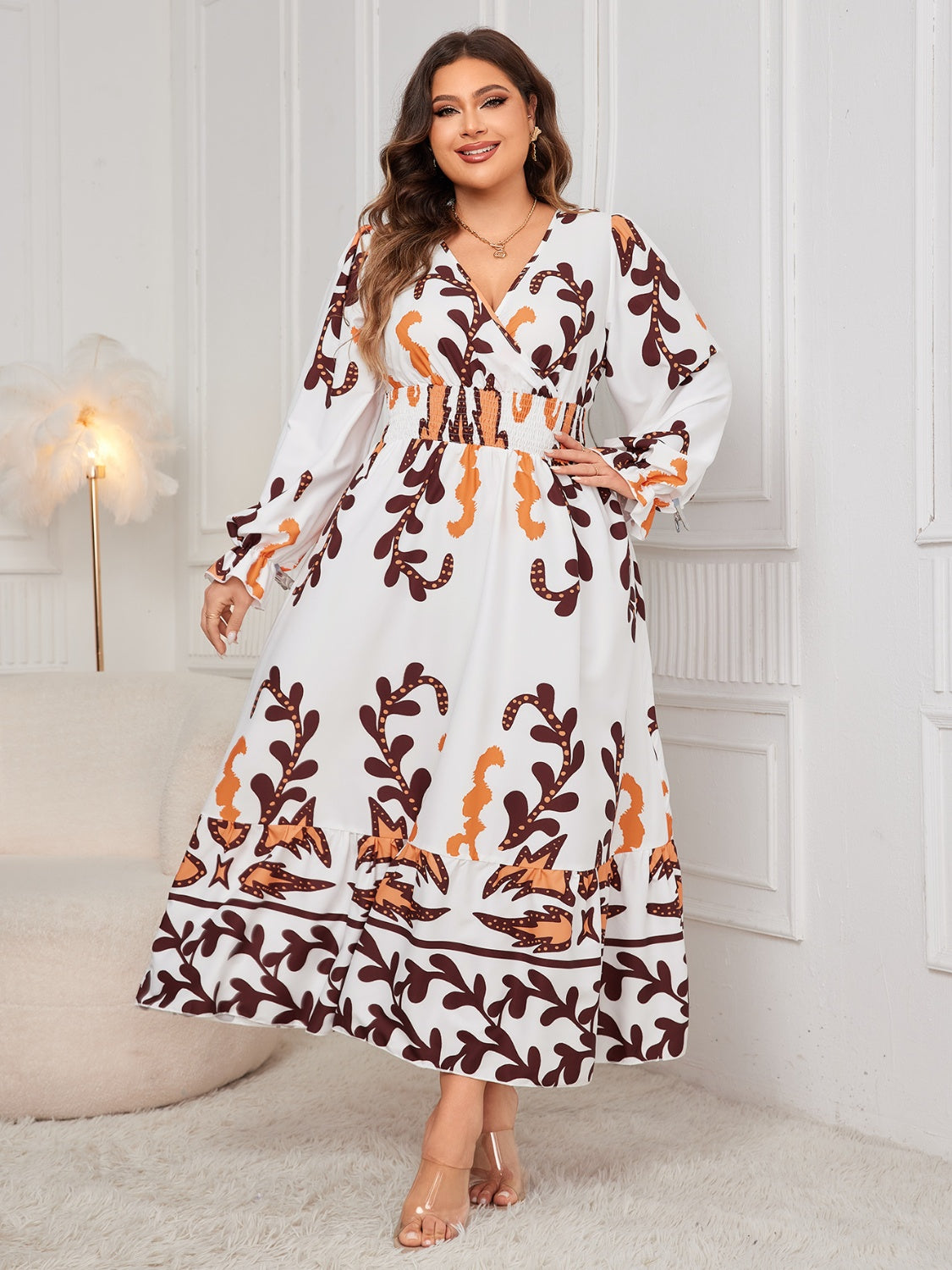 Stacey B's Plus Size Printed Surplice Flounce Sleeve Dress