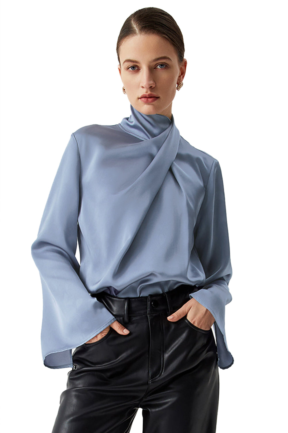 Stacey B's Ivy Asymmetric Turtleneck Elegant Satin Blouse