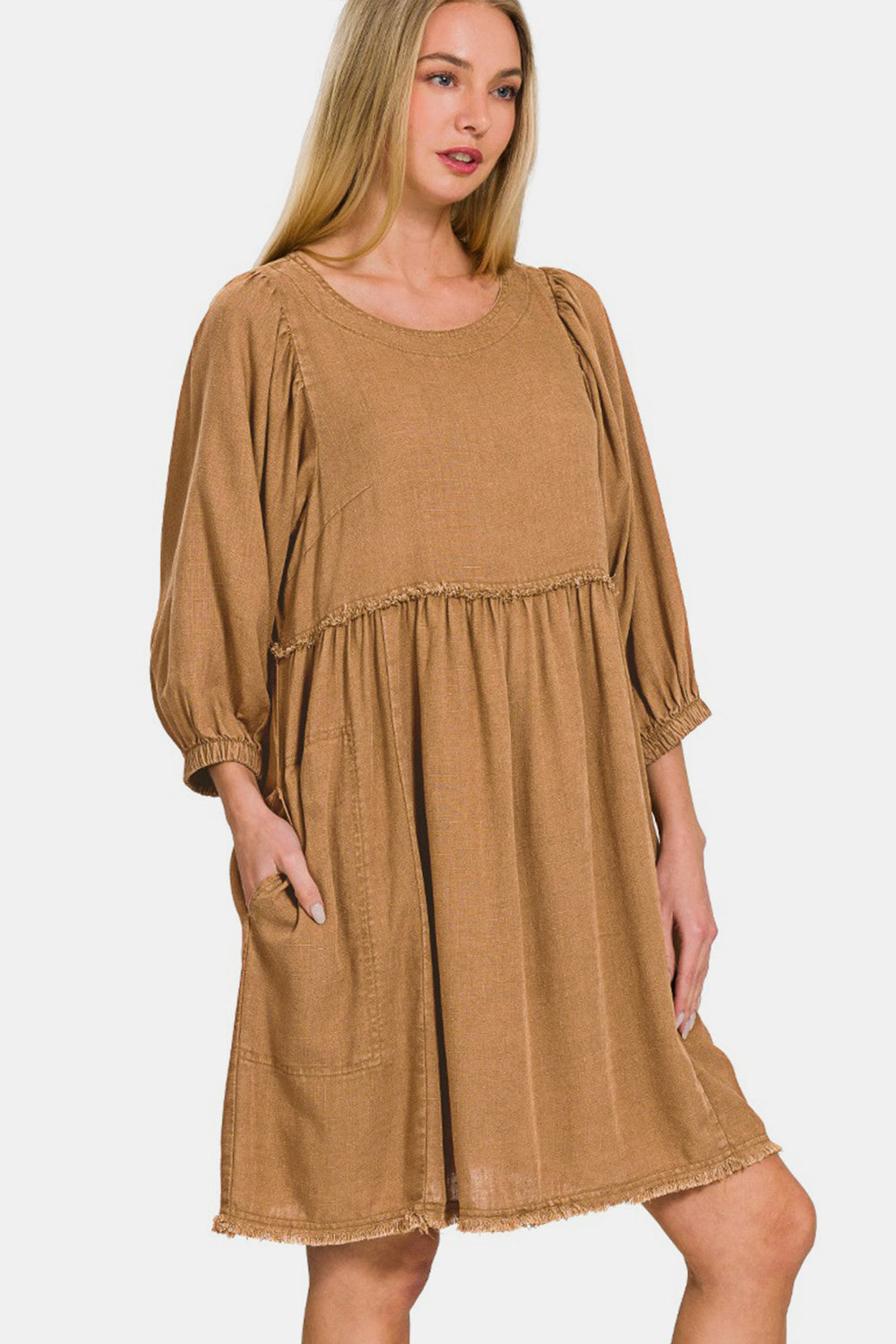 Stacey B's Zenana Washed Linen Pleated Puff Sleeve Babydoll Dress