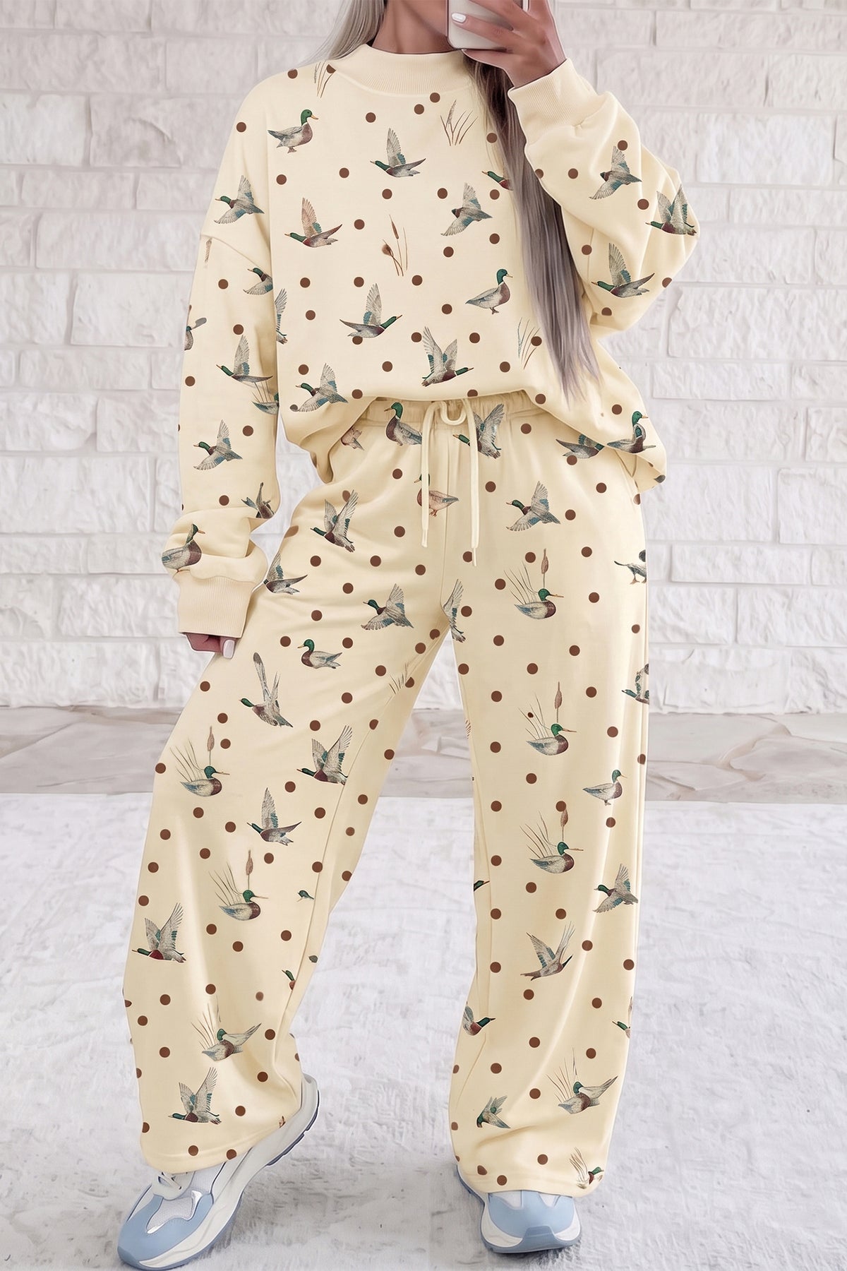 Stacey B's Beige Polka Dot Mallard Print Crewneck Pullover Two Piece Pants Set