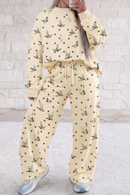 Stacey B's Beige Polka Dot Mallard Print Crewneck Pullover Two Piece Pants Set