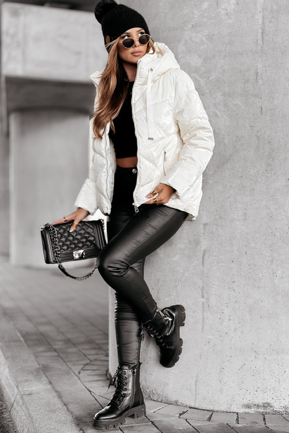 Stacey B's White Solid Quilted Hooded Zip Up Puffer Coat