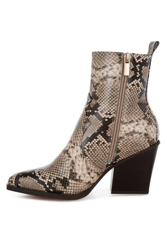 Stacey B's Cornus Snake Print Ankle Boots