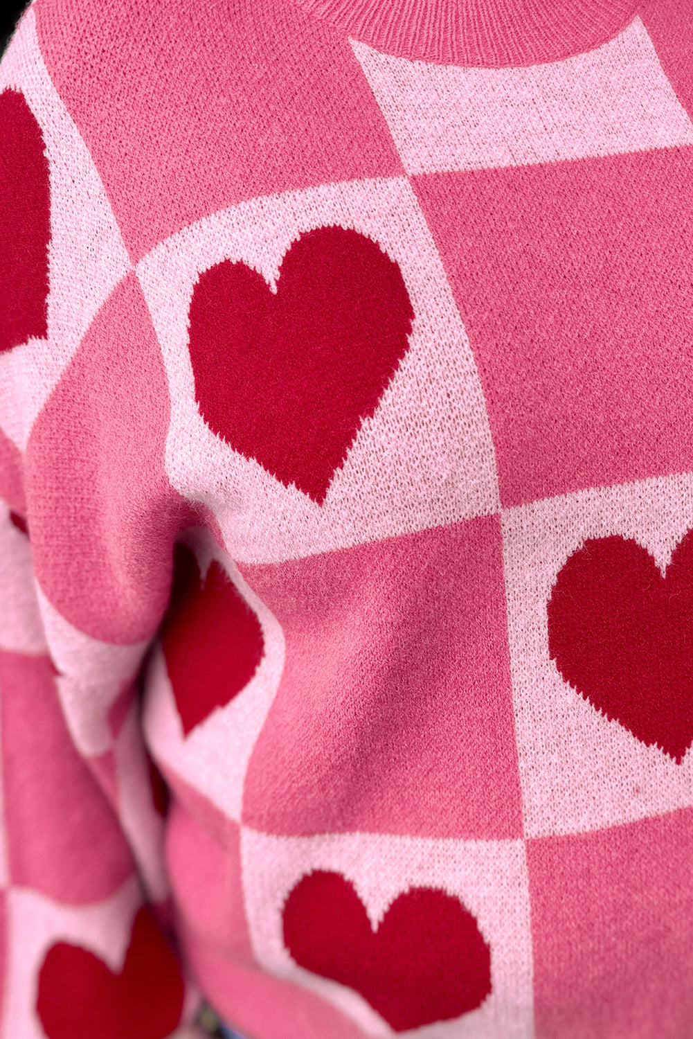 Stacey B's Pink Love Heart Checkered Valentine Crew Neck Sweater