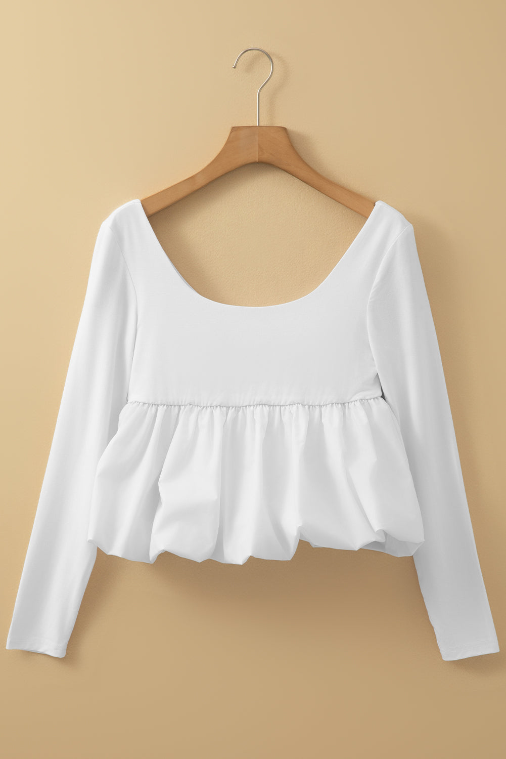 Stacey B's White U Neck Long Sleeve Bubble Hem Top