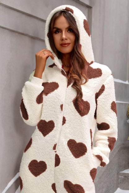 Stacey B's Fuzzy Heart Zip Up Hooded Lounge Jumpsuit