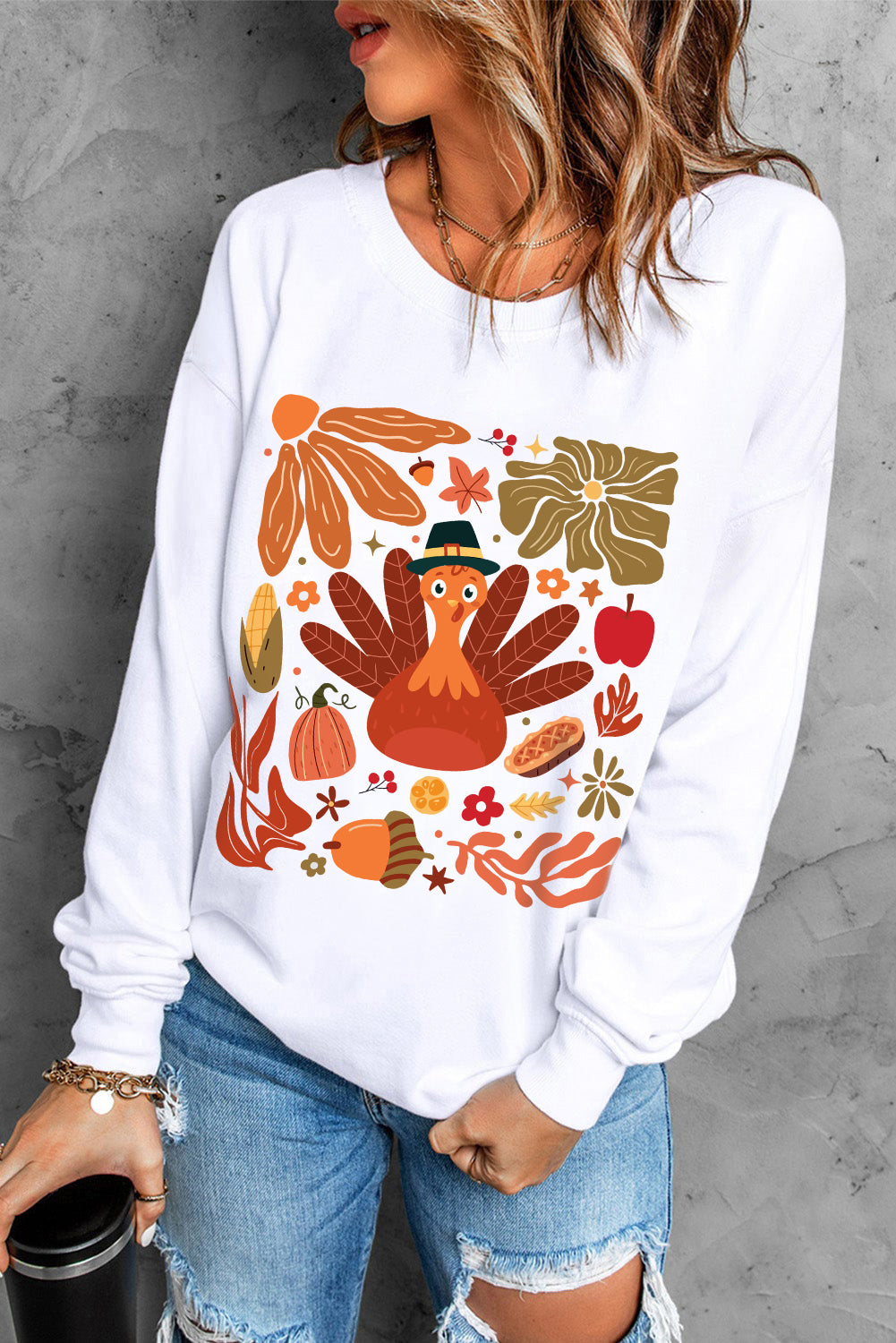 Stacey B's Beige Thanksgiving Fall Vibe Graphic Crew Neck Sweatshirt