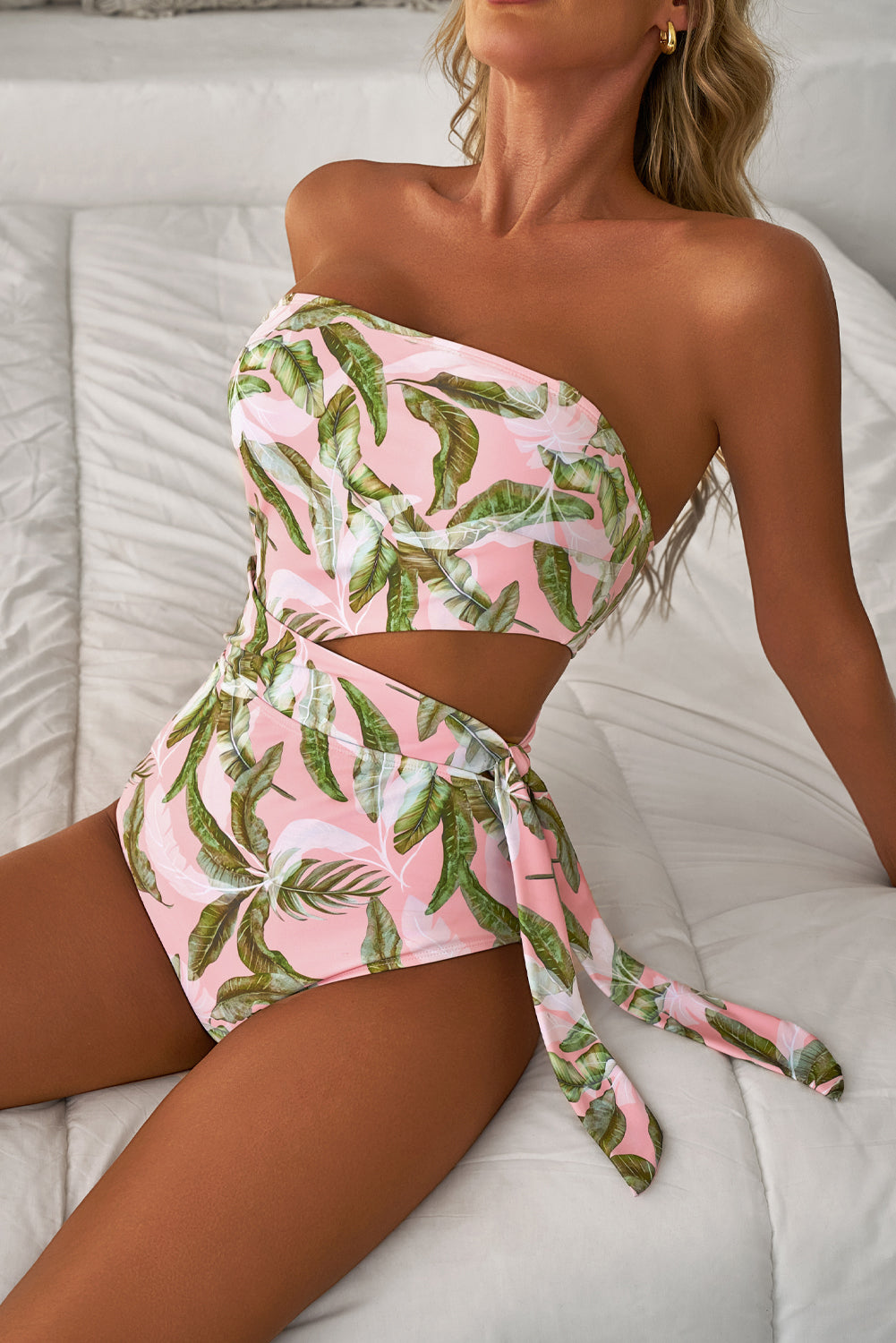 Stacey B's Pink Tropical Asymmetric Cut out Halter Backless One Piece Swimwear