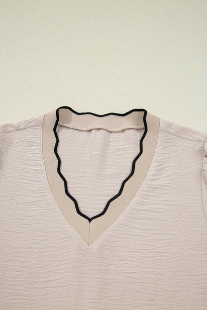 Stacey B's Jet Stream Contrast Scallop Trim V Neck Long Sleeve Top