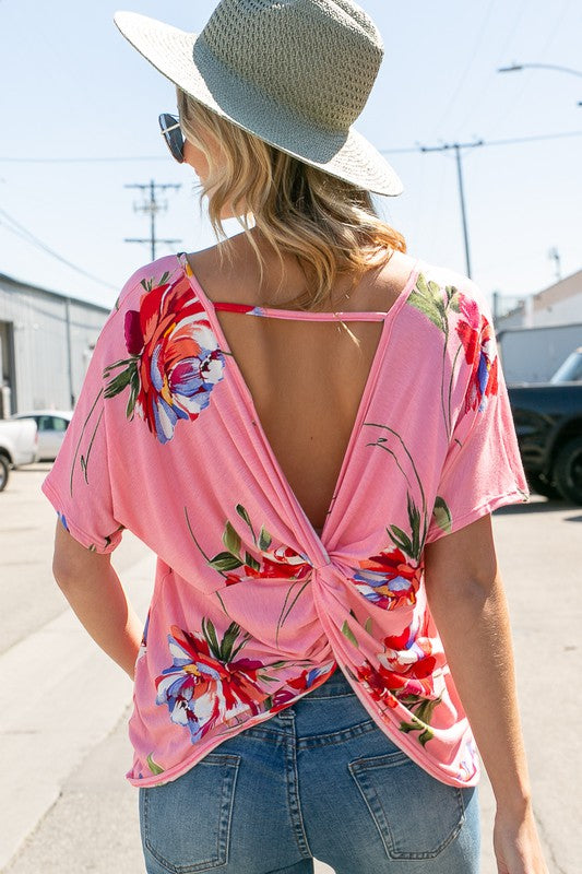 Stacey B's Plus Floral Twist Back Loose Fit Top