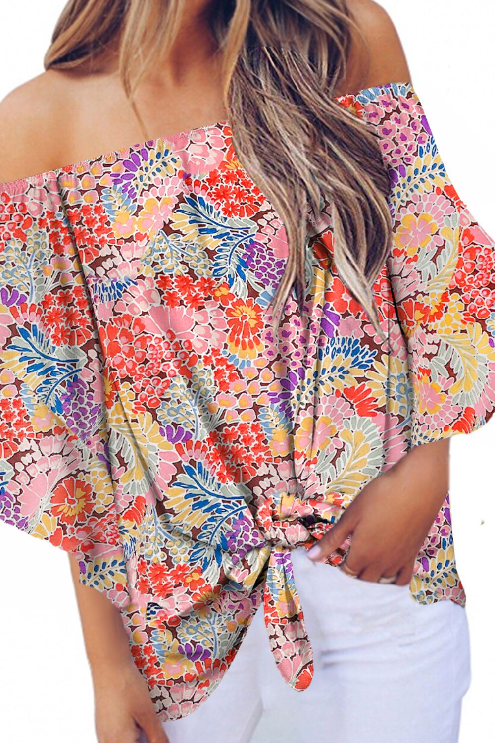 Stacey B's Tied Printed Off-Shoulder Half Sleeve Blouse