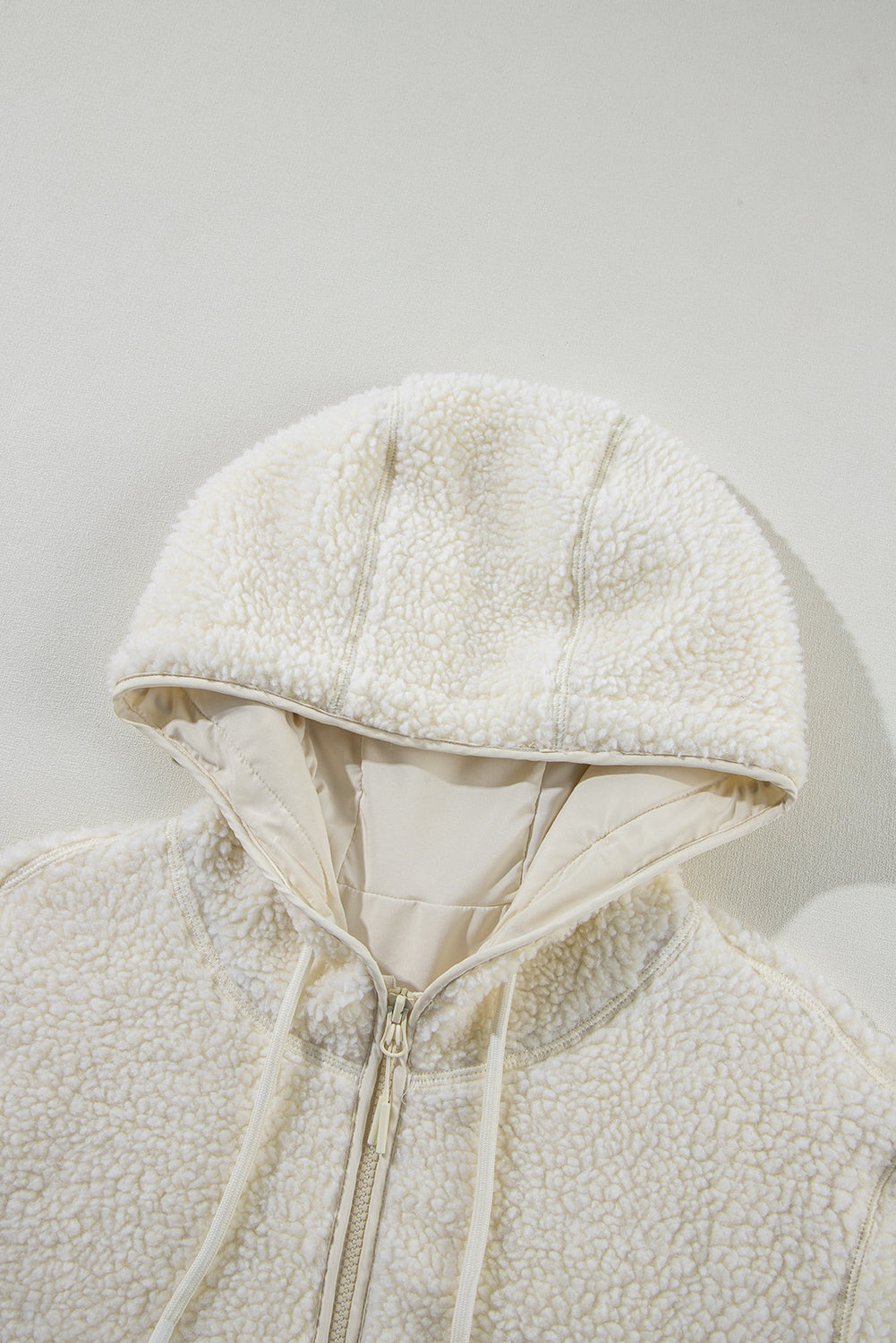 Stacey B's Beige Fleece Zip Up Drawstring Hooded Pocketed Jacket