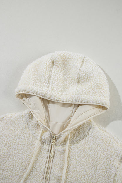 Stacey B's Beige Fleece Zip Up Drawstring Hooded Pocketed Jacket