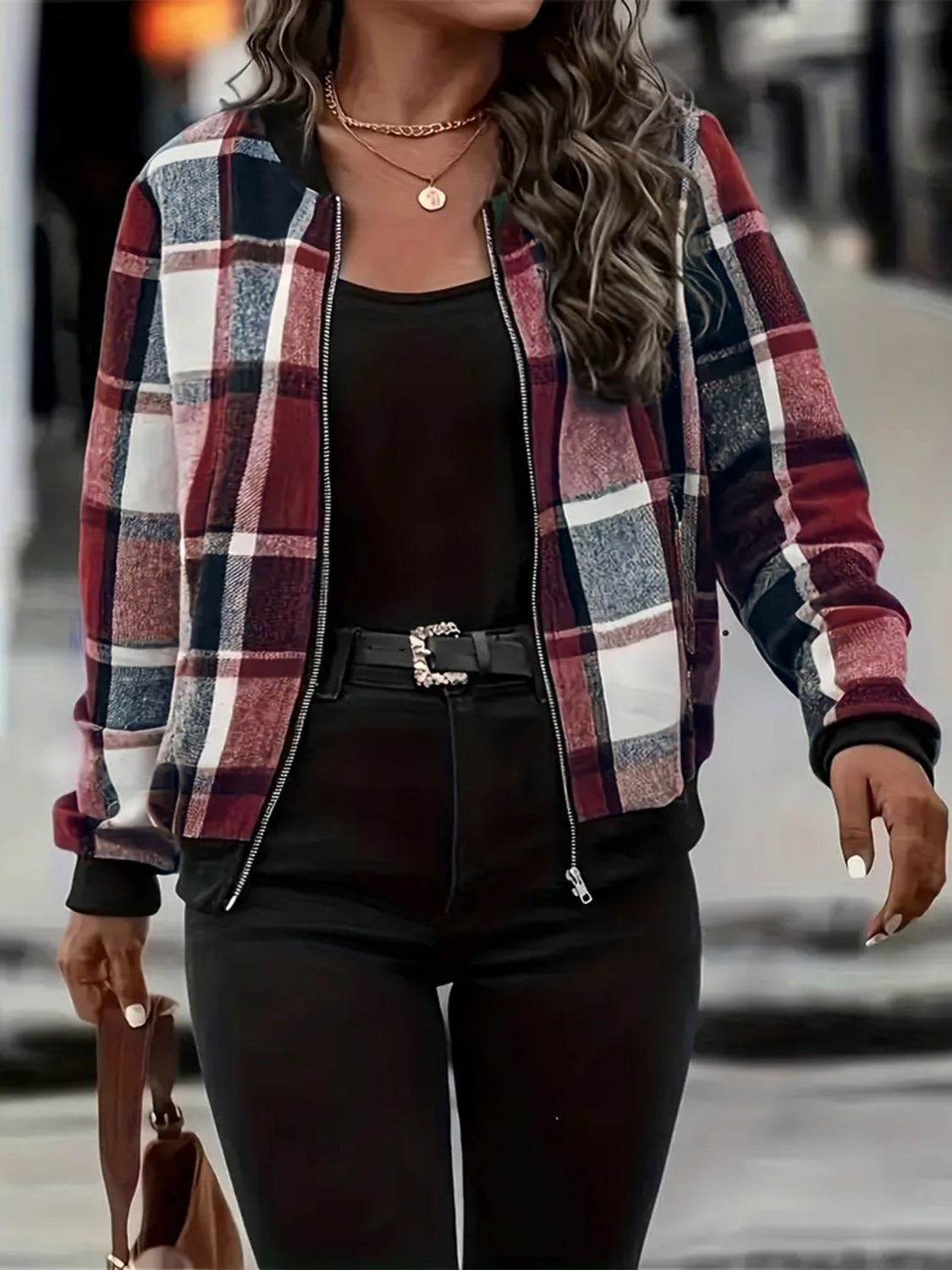 Stacey B's  Plaid Baseball Collar Zip Up Jacket