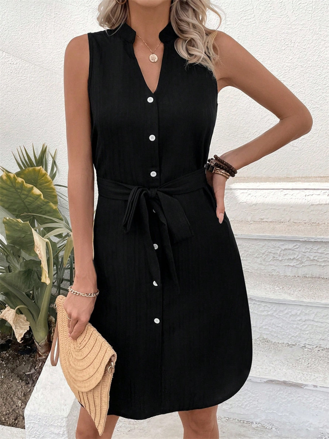 Stacey B's Tied Buttoned Up Notched Sleeveless Dress