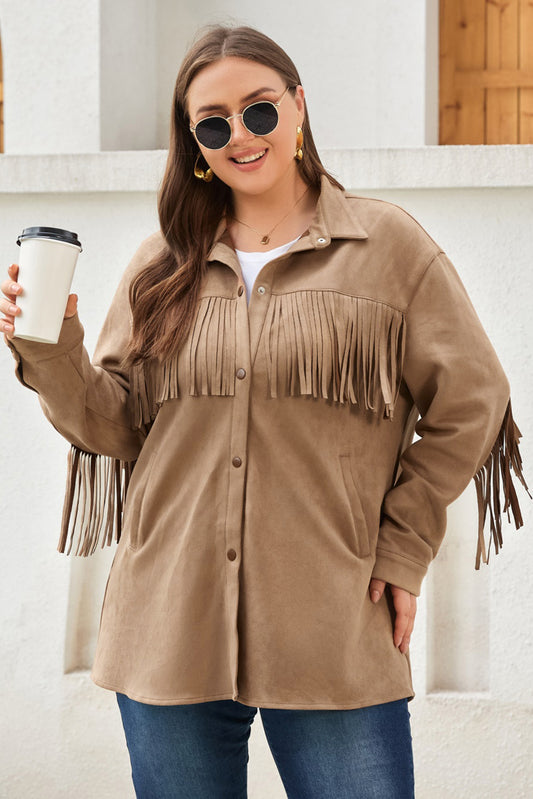 Stacey B's Khaki Fringe Trim Plus Size Suede Shacket