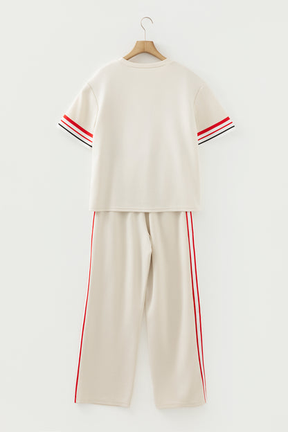 Stacey B's Jet Stream Contrast Striped Trim Crewneck T Shirt Loose Straight Pants Set