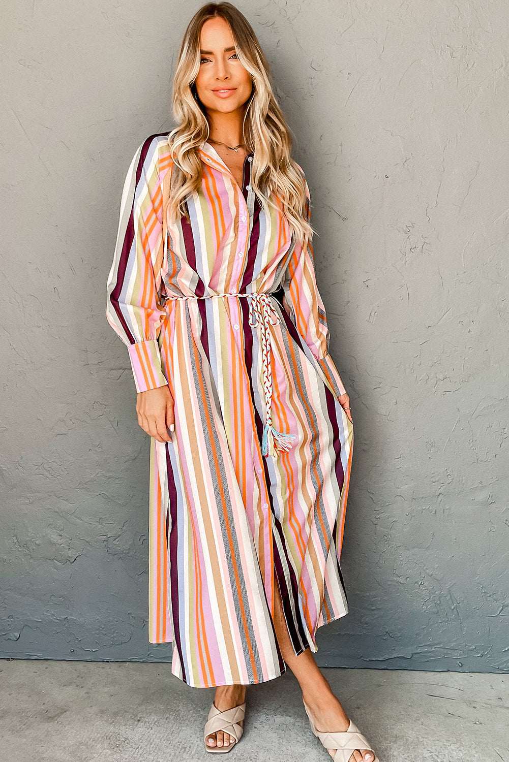 Stacey B's White Multicolor Striped Cuffed Sleeve Tassel Tied Shirt Maxi Dress