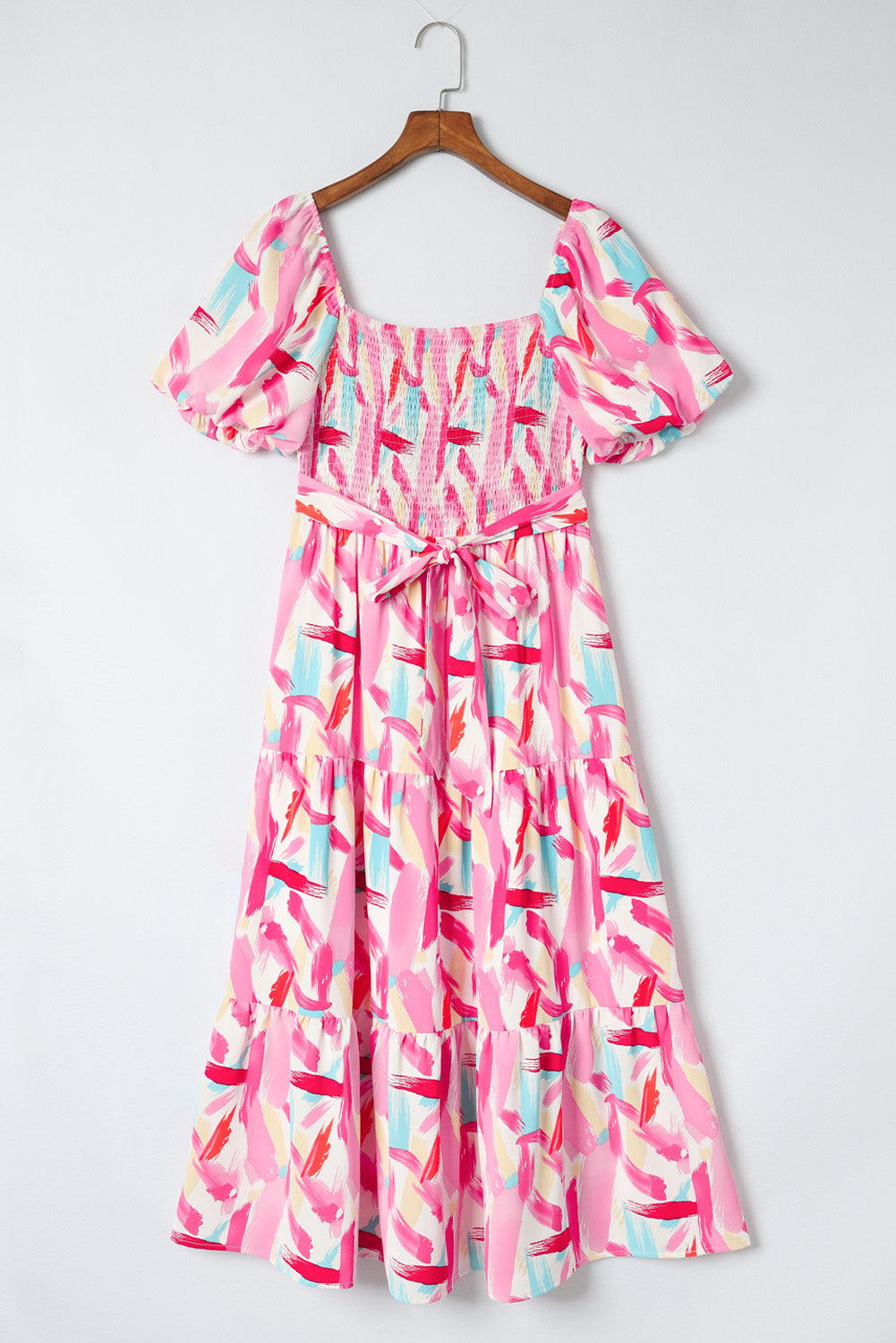 Stacey B's Pink Brush Stroke Printed Smocked Ruffle Tiered Dress