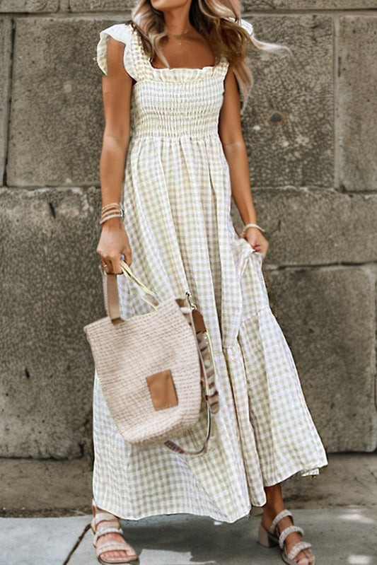 Stacey B's Khaki Plaid Ruffled Sleeveless Smocked Maxi Dress