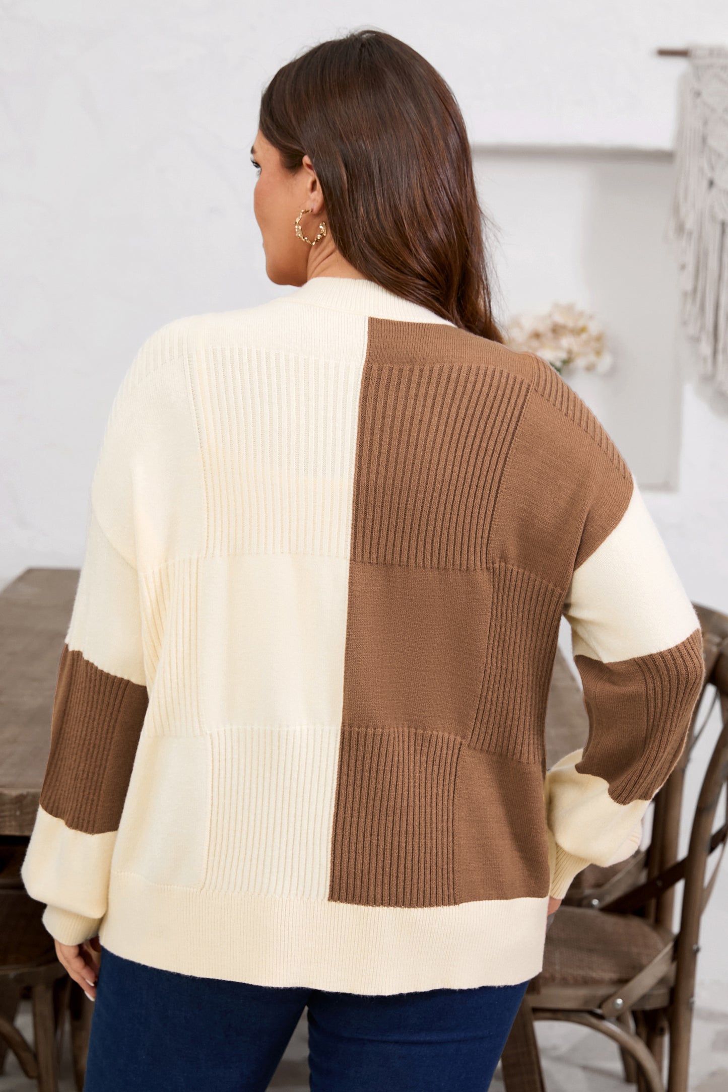 Stacey B's Khaki Checkered Ribbed Texture Knit Plus Size Cardigan Sweater