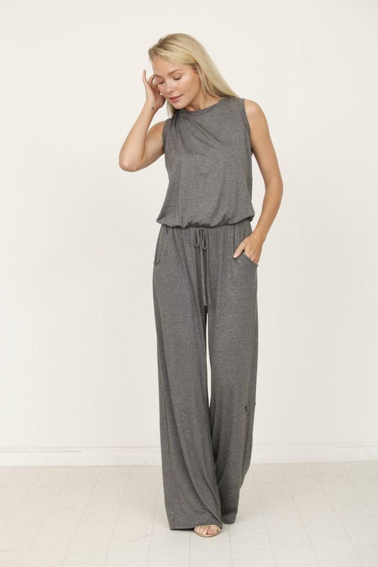 Stacey B's plus solid draw string pocket jumpsuit