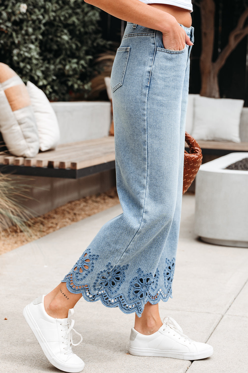 Stacey B's Dusk Blue Embroidered Cropped Wide Leg High Waist Jeans