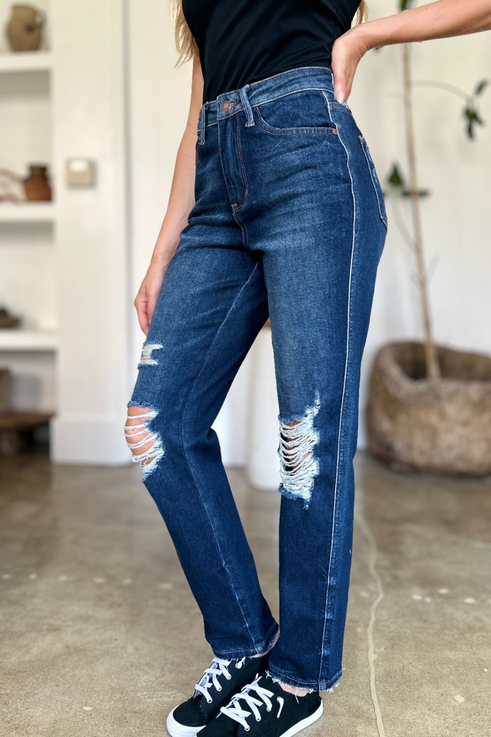 Stacey B's Judy Blue Full Size High Waist Rigid Magic Heavy Destroy Straight Jeans