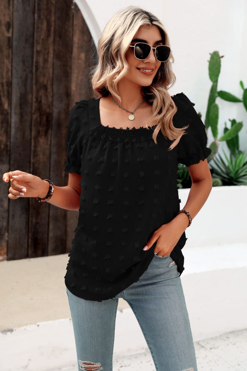 Stacey B's Swiss Dot Puff Sleeve Square Neck Blouse