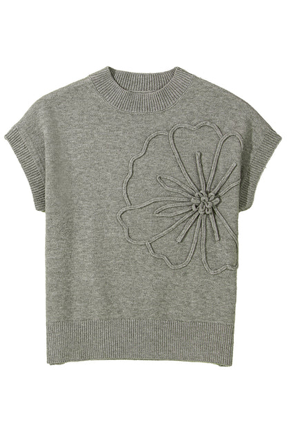 Stacey B's High Flower Pattern Ribbed Trim Short Sleeve Boxy Sweater