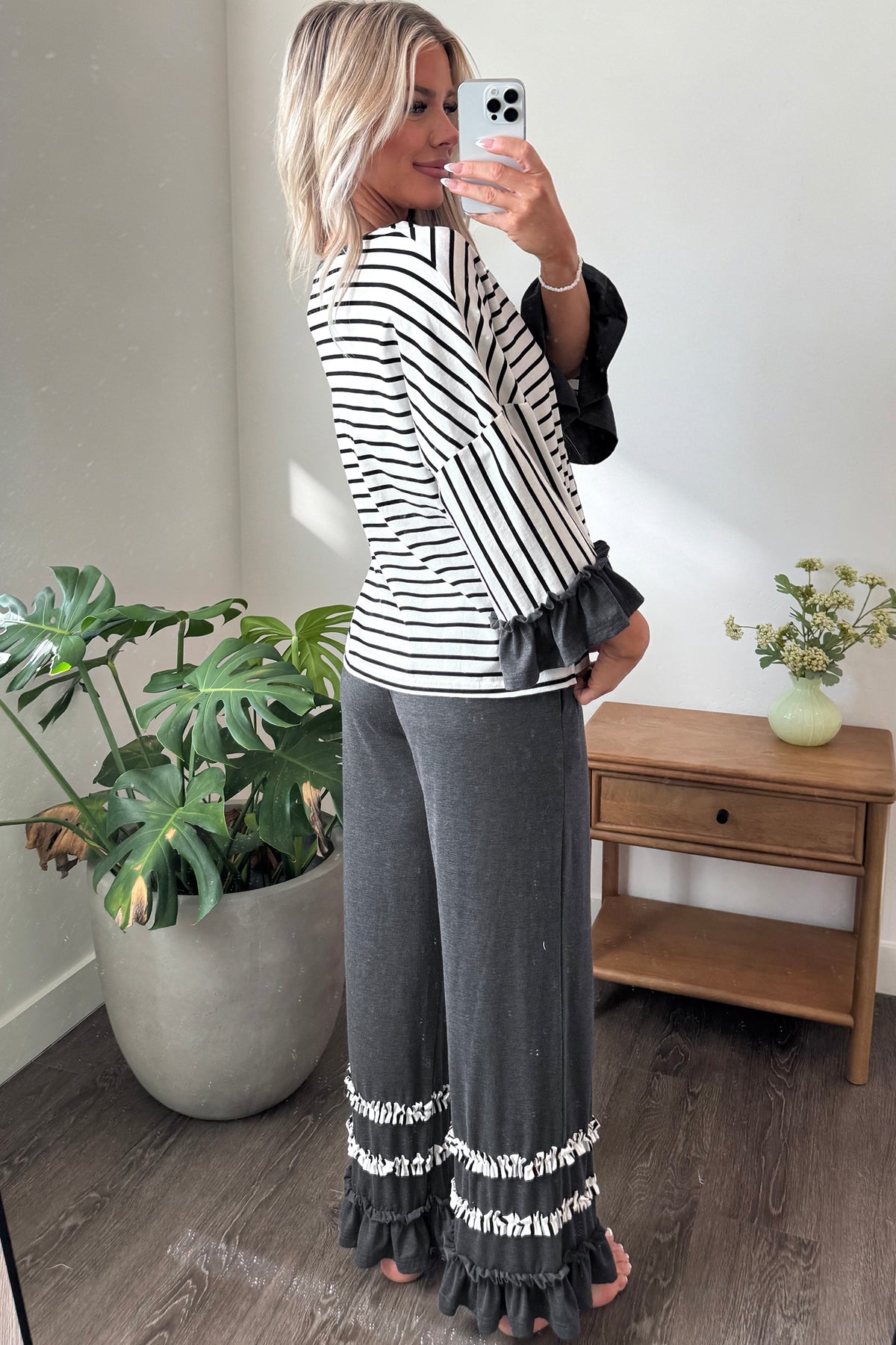 Stacey B's Blue Stripe V Neck Ruffle Contrast Sleeve Top Drawstring Pants 2pcs Set