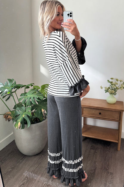 Stacey B's Blue Stripe V Neck Ruffle Contrast Sleeve Top Drawstring Pants 2pcs Set