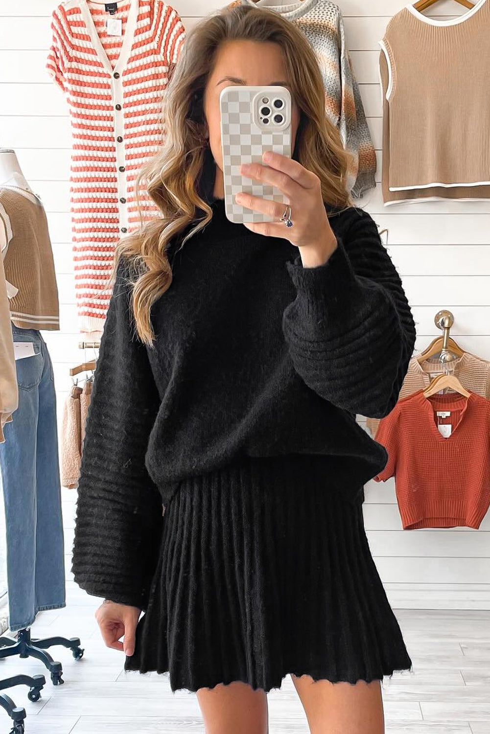 Stacey B's Black High Neck Puff Sleeve Sweater Pleated Mini Skirt 2pcs Knitted Outfit