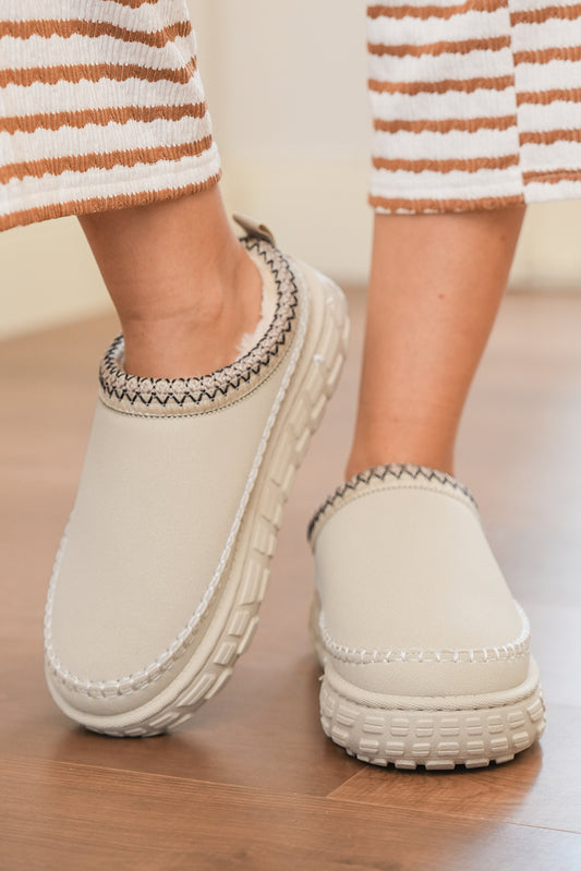 Stacey B's White Contrast Stitch Detail Faux Suede PU Patchwork Plush Winter Clog Slippers