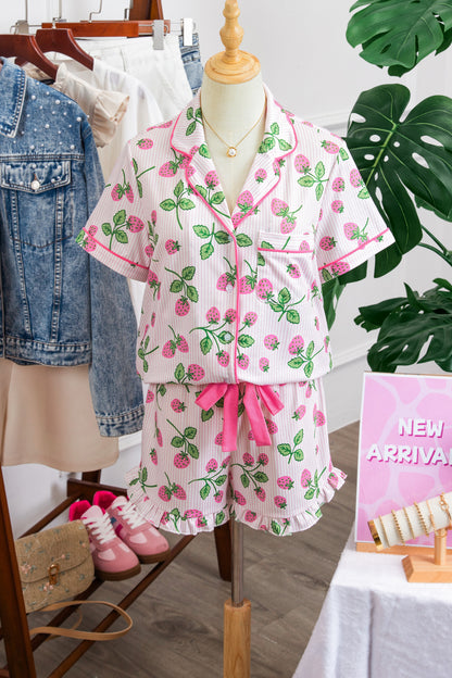 Stacey B's Pink Striped Strawberry Print Lapel Shirt Drawstring Shorts 2pcs Pajama Set