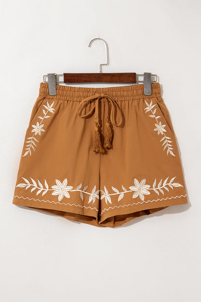 Stacey  B's Khaki Embroidered Boho Tasseled Drawstring Elastic Waist Casual shorts